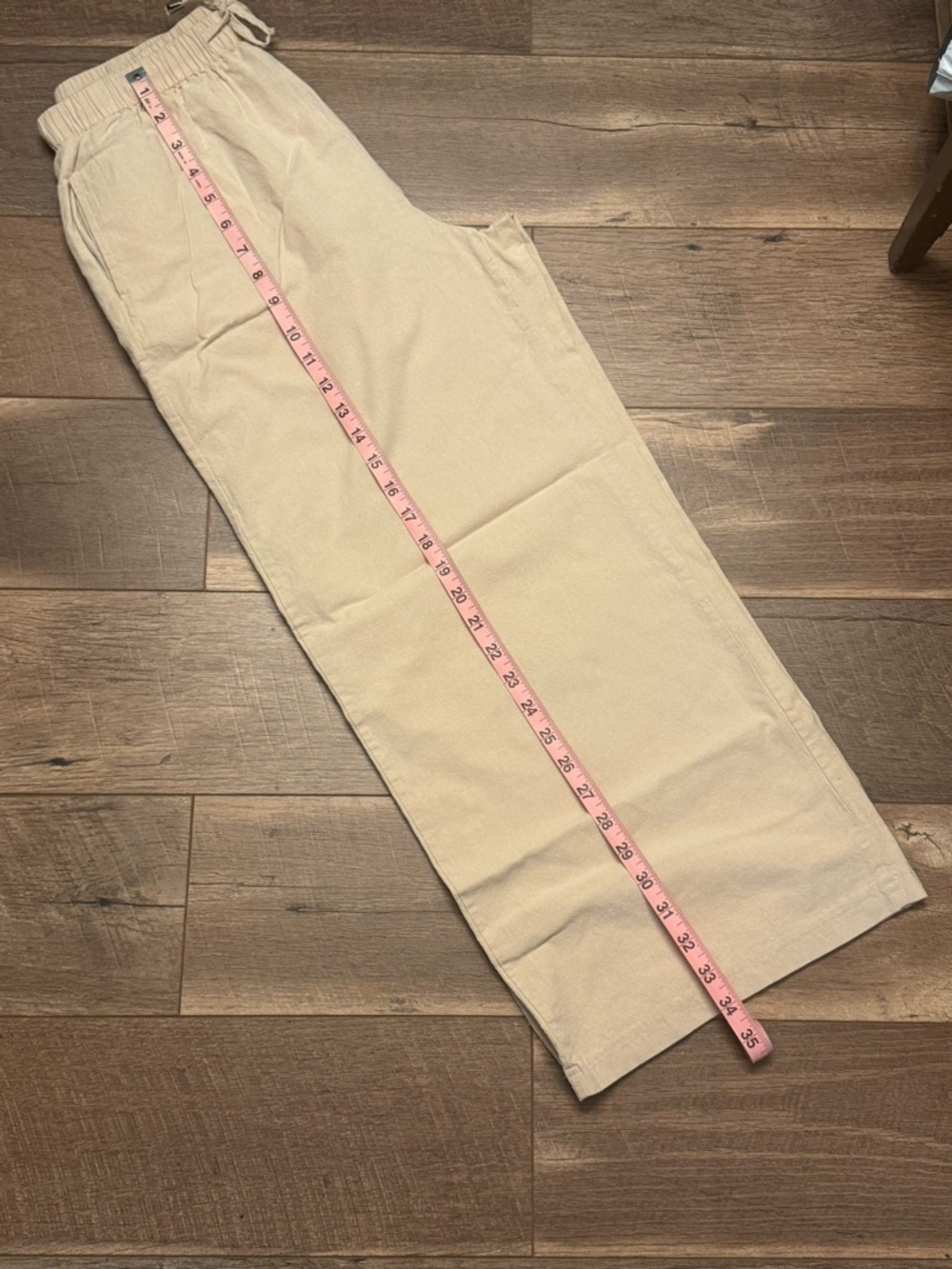 100% Linen Wide Leg Pants Neutral Beige Elastic Waist Drawstring Relaxed M - Picture 9 of 9